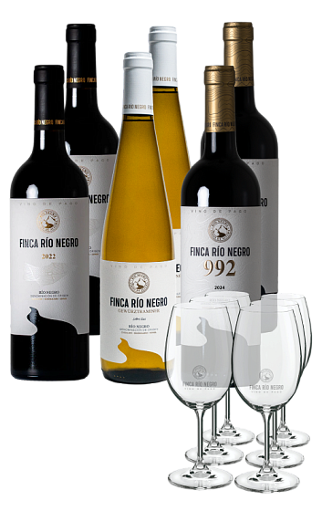 Produit: Finca Río Negro 2022 (x2), 992 2024 (x2) et Gewürztraminer 2025 (x2) avec 6 verres