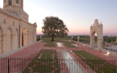 Vista de la bodega con los viñedos al fondo