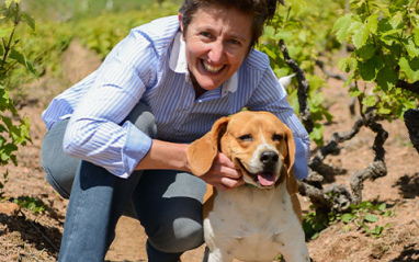 Anita en el viñedo con su perro