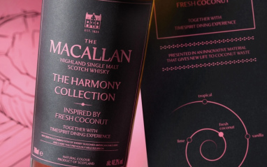 Detalle de la botella y estuche de Macallan Harmony inspired by Fresh Coconut